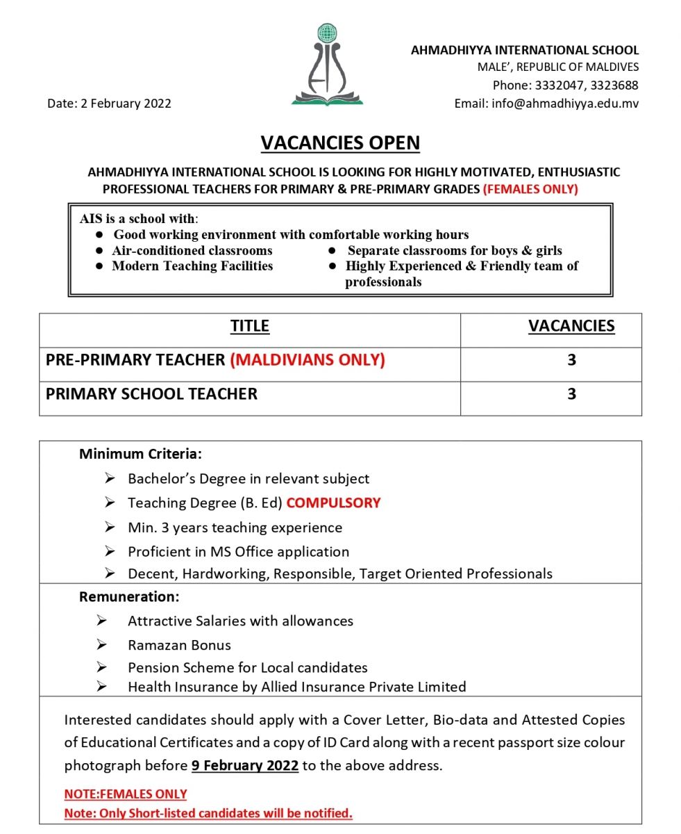 JOB VACANCY PRE SCHOOL PRIMARY TEACHERS FEMALE Ahmadhiyya 